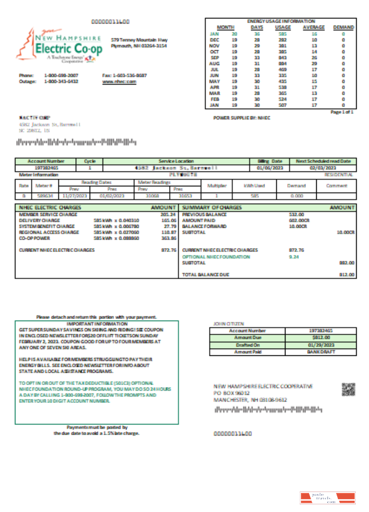 New Hampshire Electric Co op electricity utility business bill, SCR PSD template